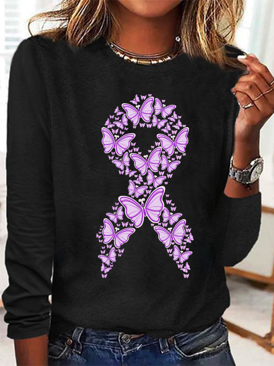 Purple Awareness Ribbon Casual Long Sleeve Shirt