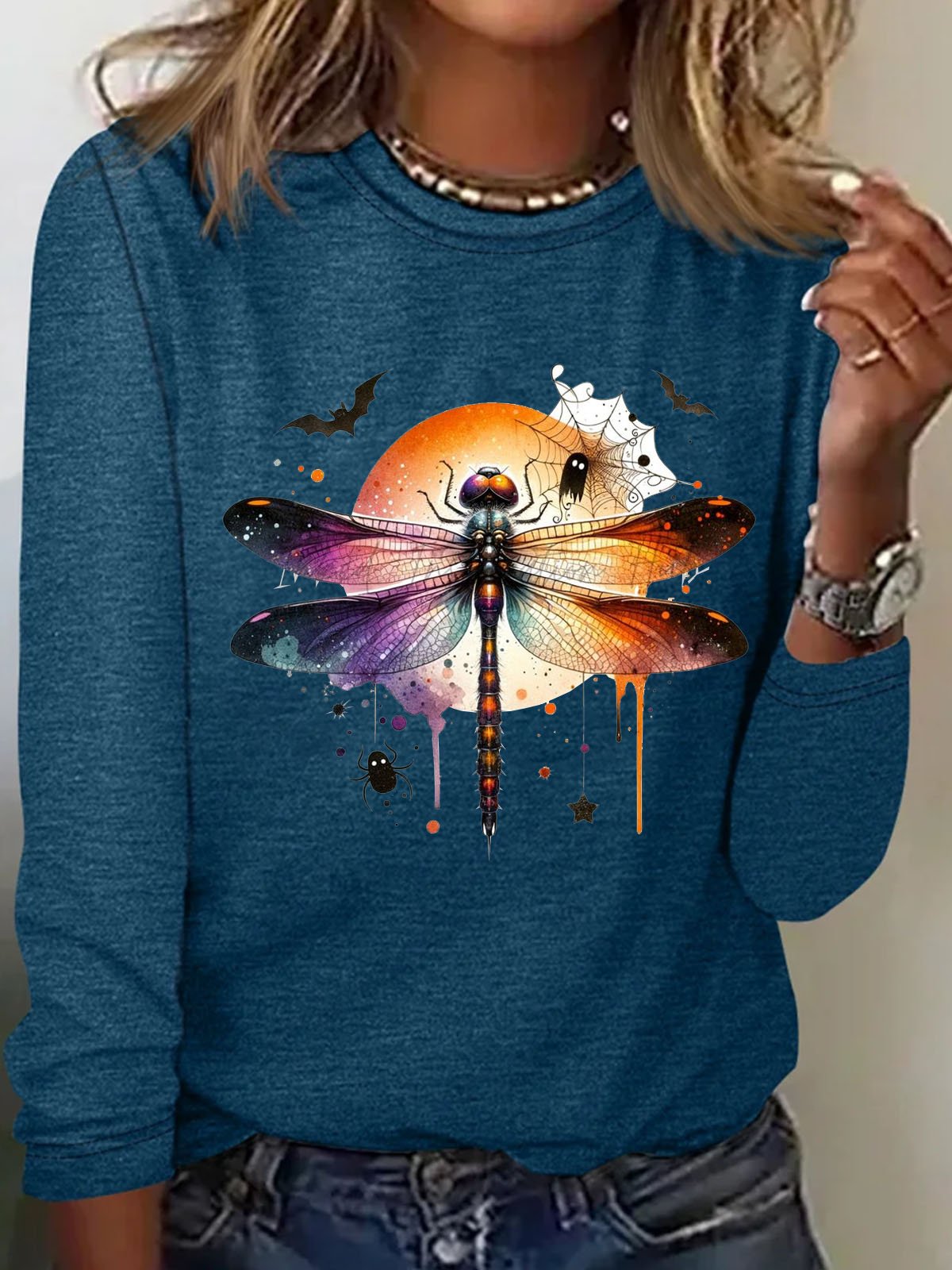 Halloween dragonfly printed casual T-shirt