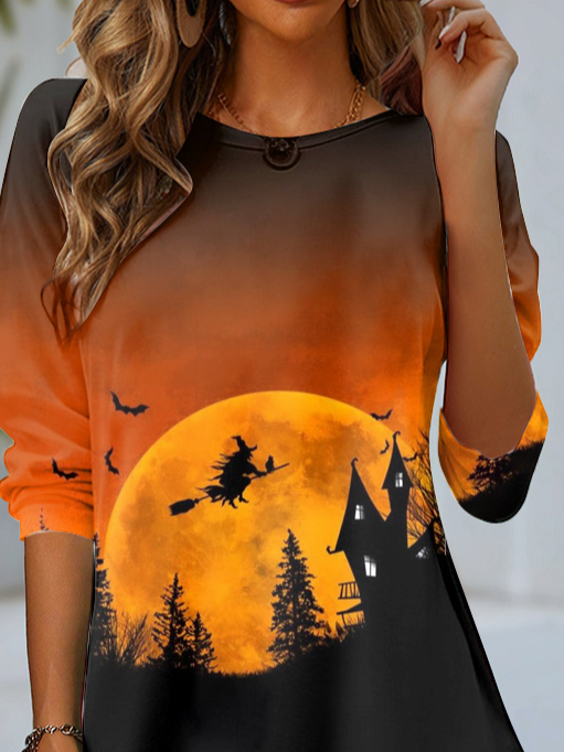 Women's Long Sleeve T-shirt Spring/Fall Orange Red Halloween Jersey Crew Neck Daily Going Out Casual Top