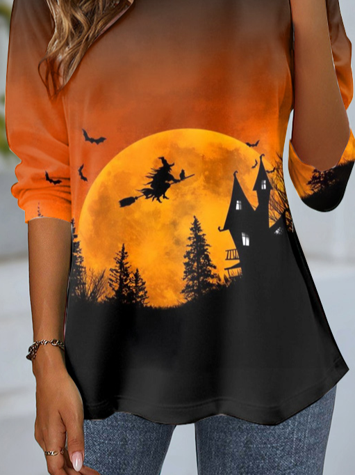 Women's Long Sleeve T-shirt Spring/Fall Orange Red Halloween Jersey Crew Neck Daily Going Out Casual Top