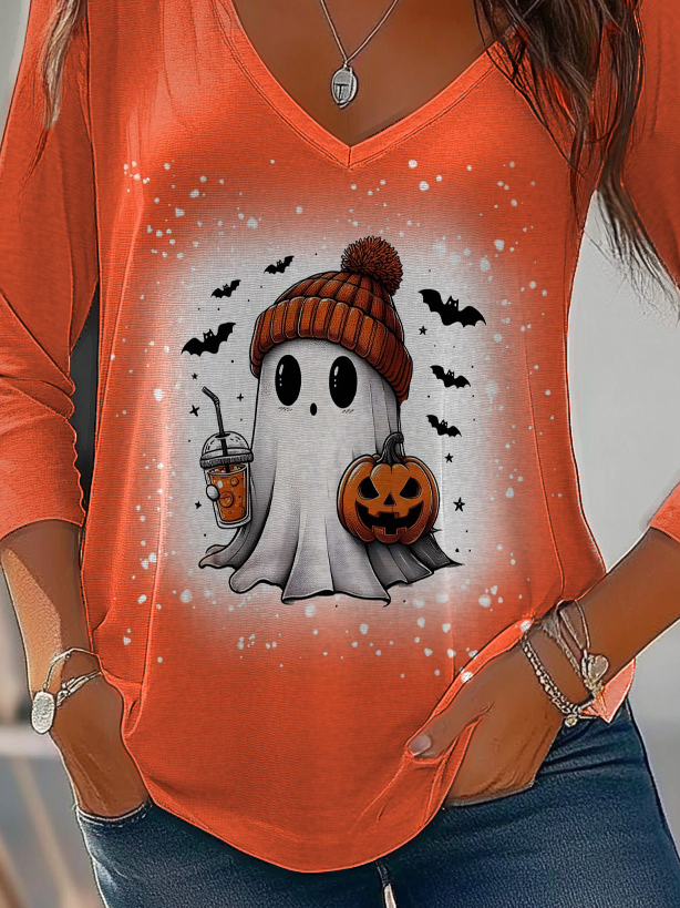 Women's Long Sleeve T-shirt Spring/Fall Orange Halloween Jersey V Neck Daily Going Out Casual Top