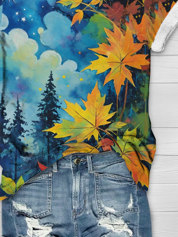 Crew Neck Maple Leaf Casual T-Shirt