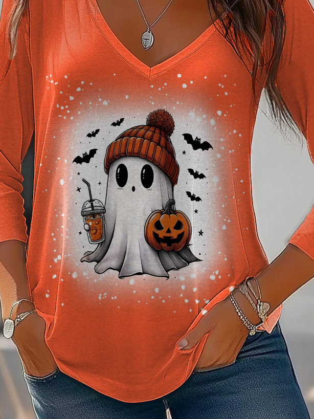 Women's Long Sleeve T-shirt Spring/Fall Orange Halloween Jersey V Neck Daily Going Out Casual Top