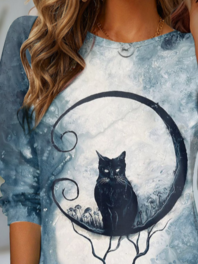 Women's Long Sleeve T-shirt Spring/Fall Black Cat Jersey Crew Neck Daily Going Out Casual Top