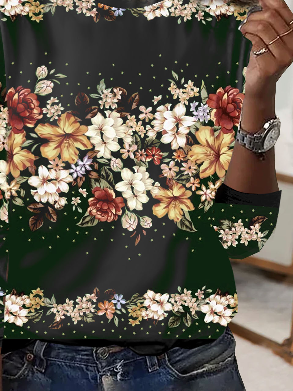 Floral printed round neck casual T-shirt