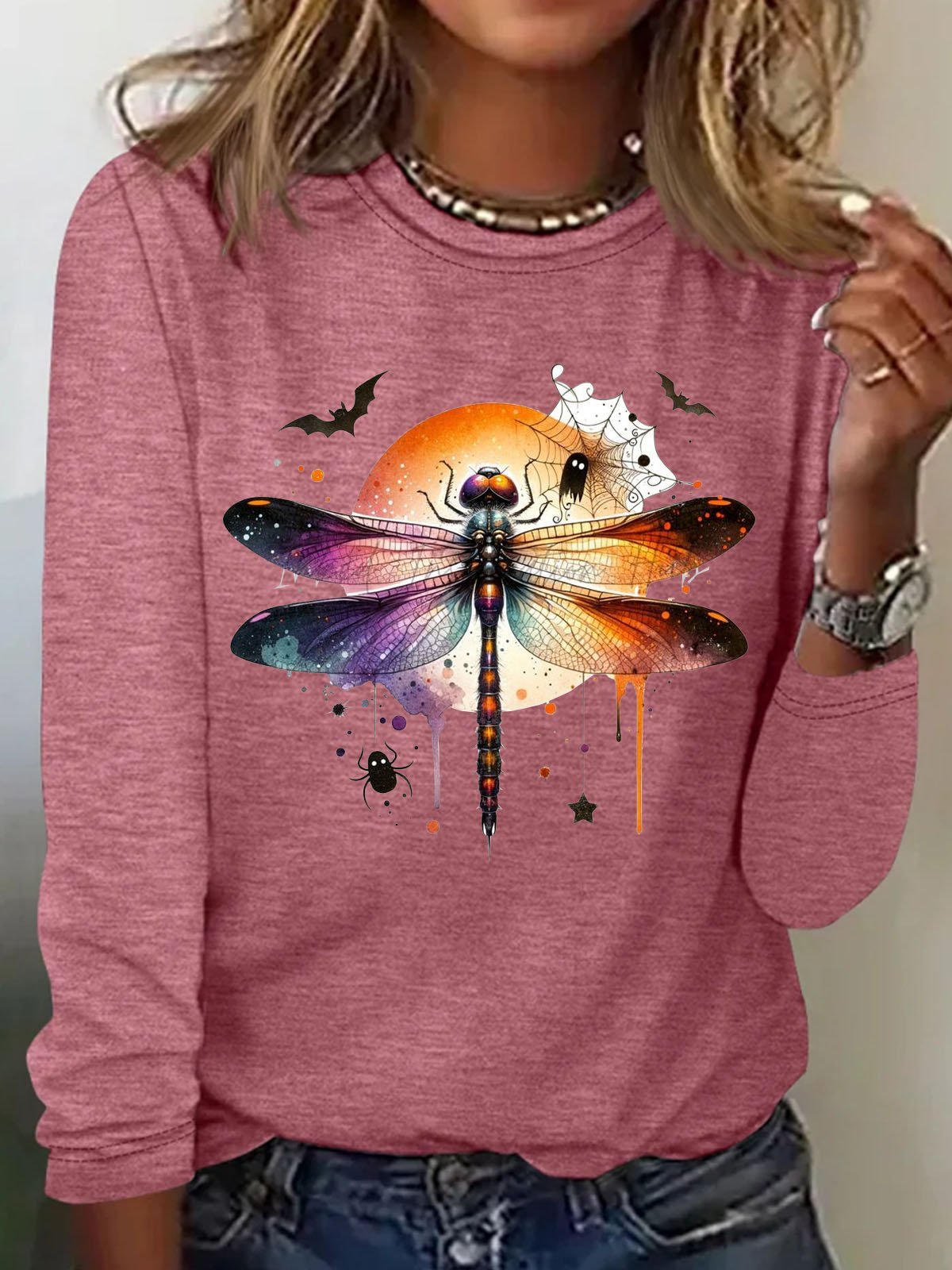 Halloween dragonfly printed casual T-shirt