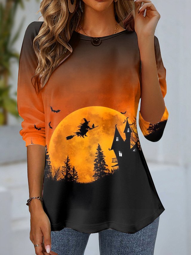 Women's Long Sleeve T-shirt Spring/Fall Orange Red Halloween Jersey Crew Neck Daily Going Out Casual Top