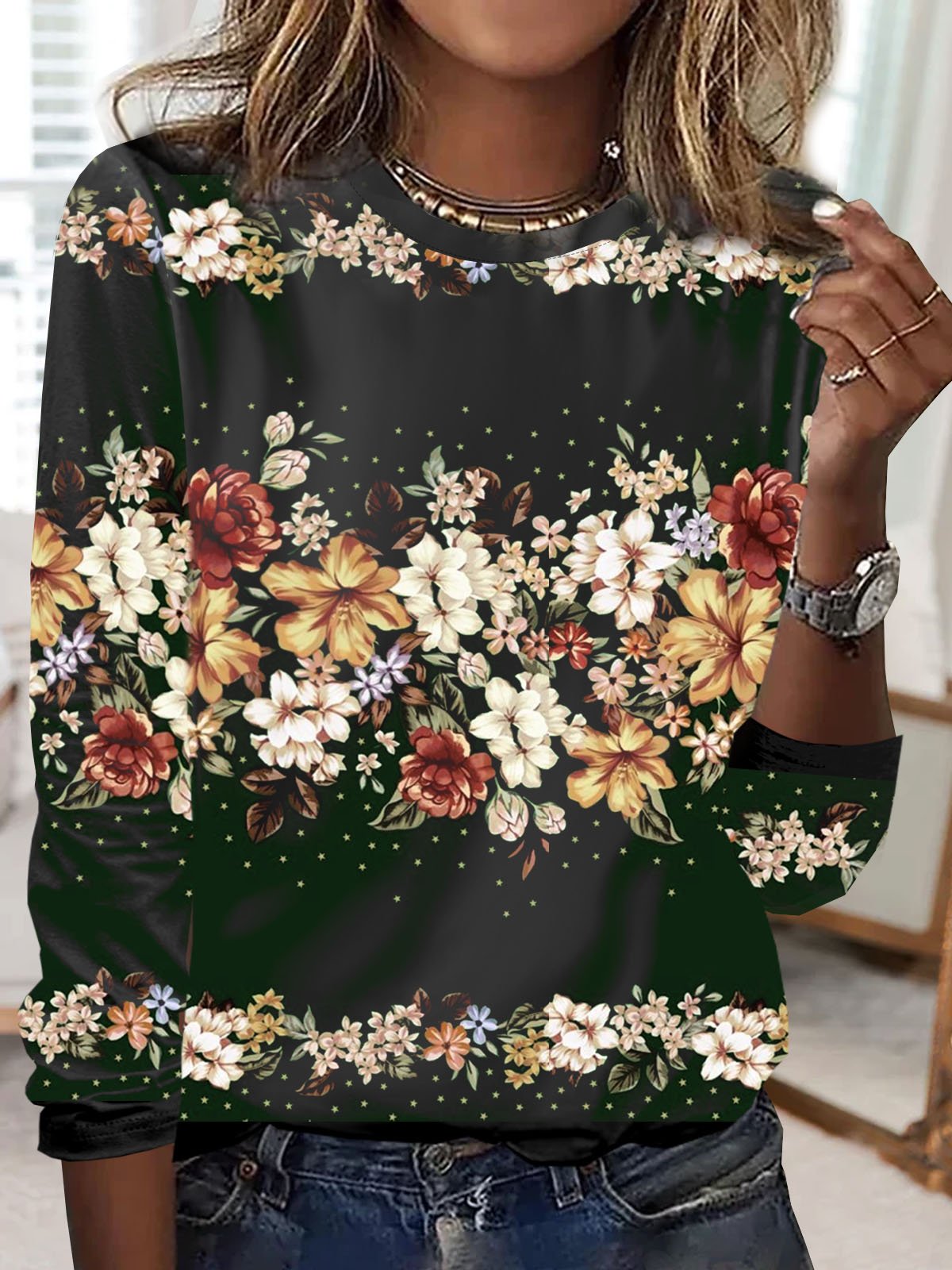 Floral printed round neck casual T-shirt