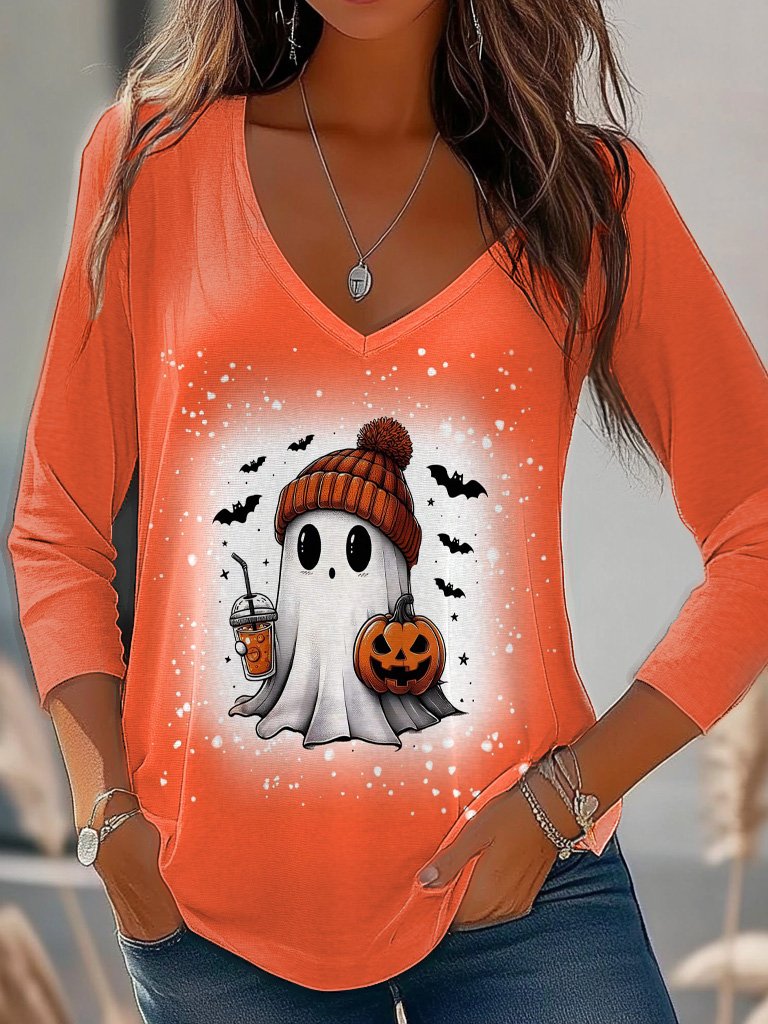 Women's Long Sleeve T-shirt Spring/Fall Orange Halloween Jersey V Neck Daily Going Out Casual Top