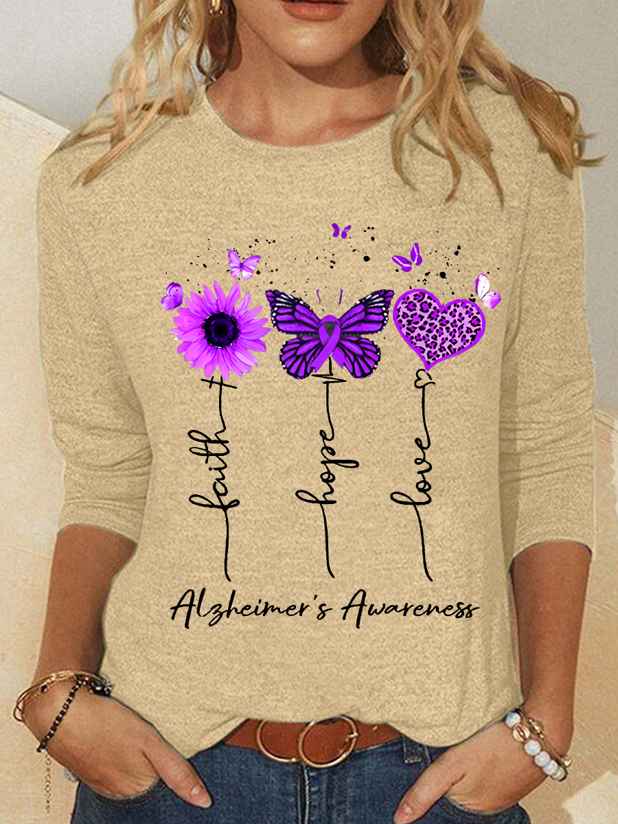 Women's Faith Hope Love Alzheimer's Awareness Print Casual Long Sleeve Shirt