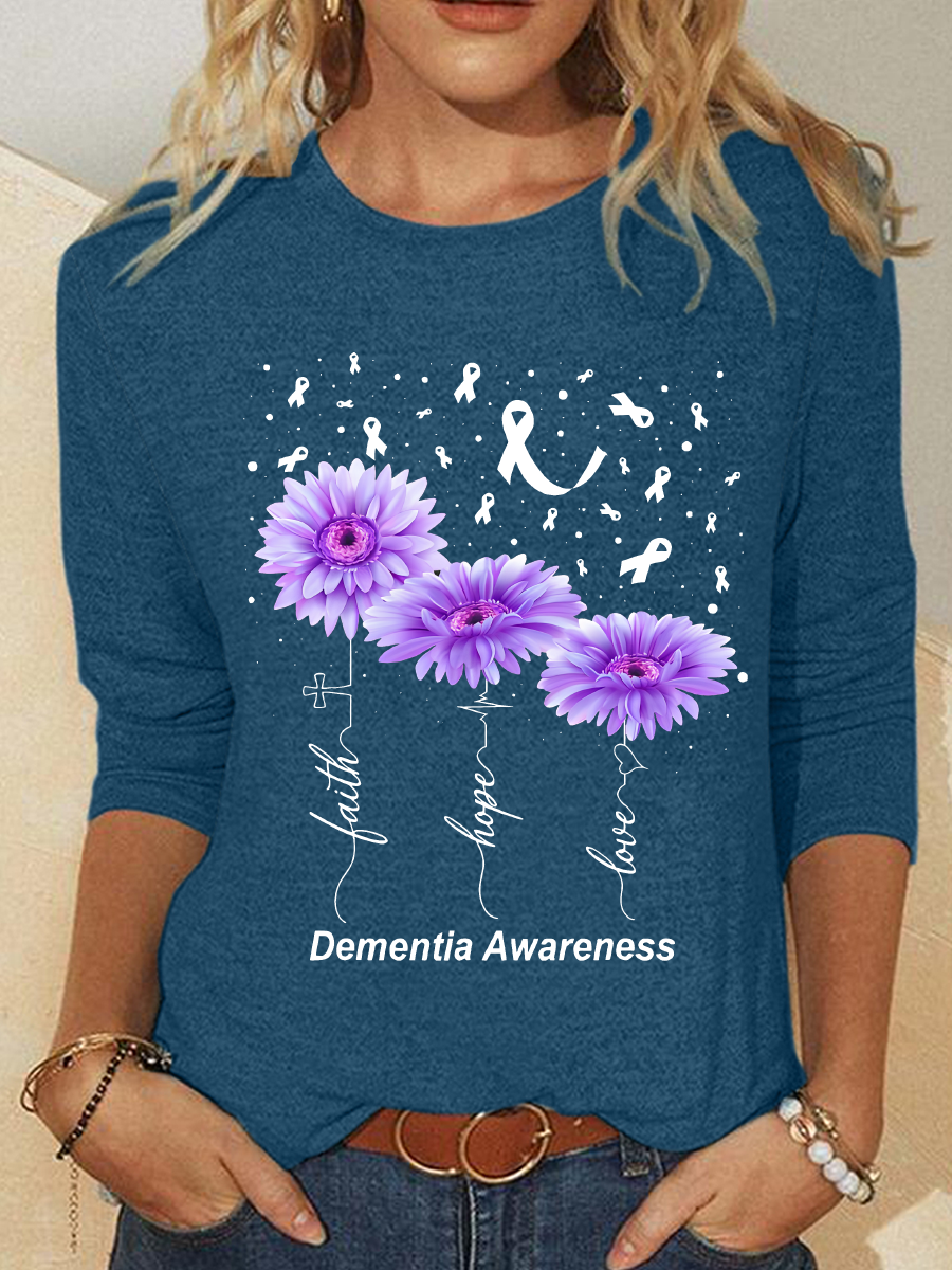 Women's Faith Hope Love Alzheimer's Awareness Print Casual Long Sleeve Shirt