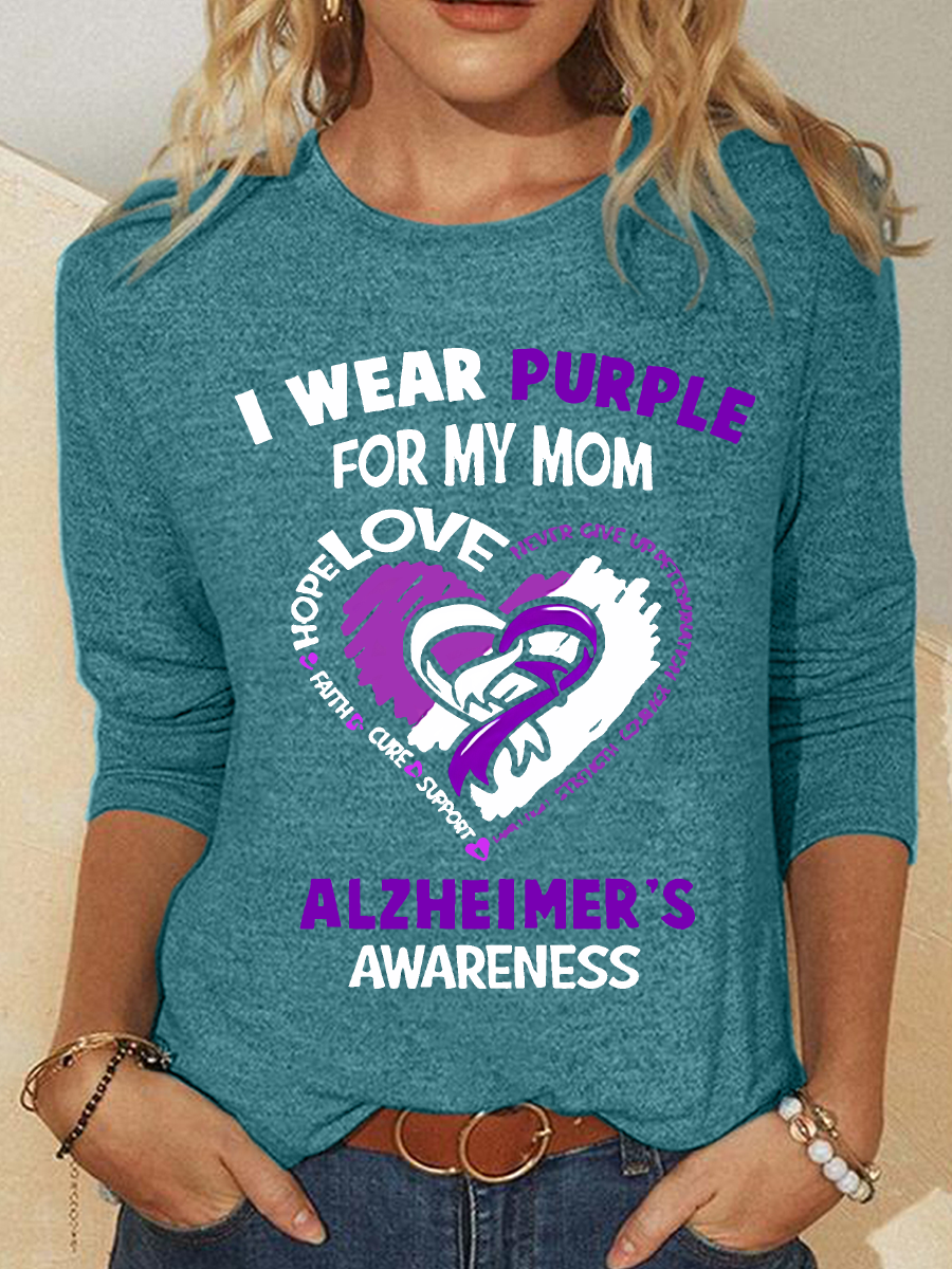 Women's Alzheimer's Awareness I Wear Purple For My Mom - Heart Ribbon Casual Long Sleeve Shirt