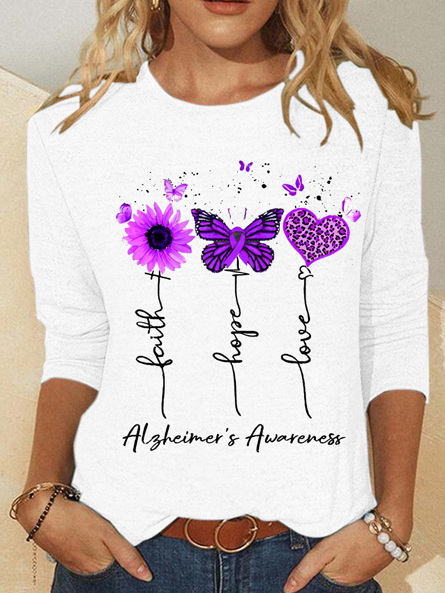 Women's Faith Hope Love Alzheimer's Awareness Print Casual Long Sleeve Shirt