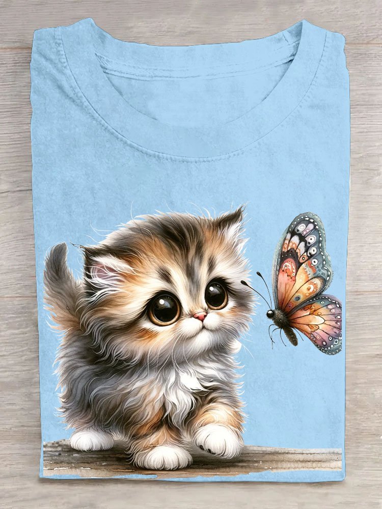 Cat and butterfly print round neck T-shirt