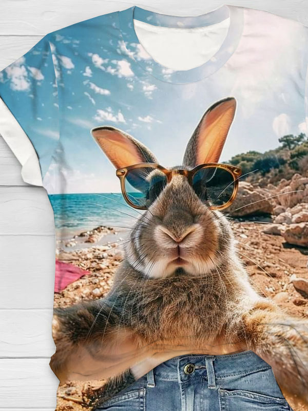 Funny Rabbit Beach Selfie Printed Round Neck T-shirt