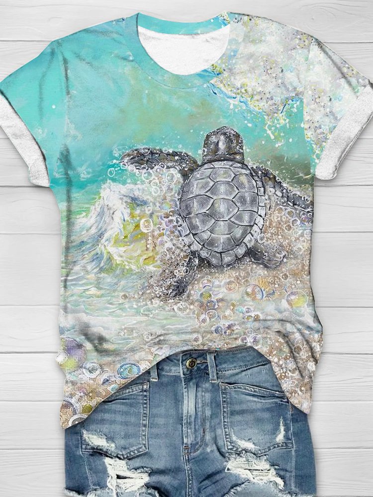 Jersey Crew Neck Casual Turtle T-Shirt