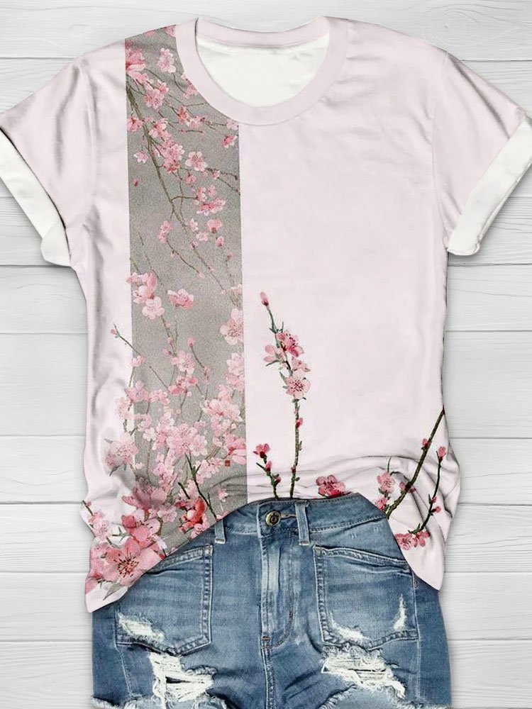 Floral print round neck short sleeved T-shirt