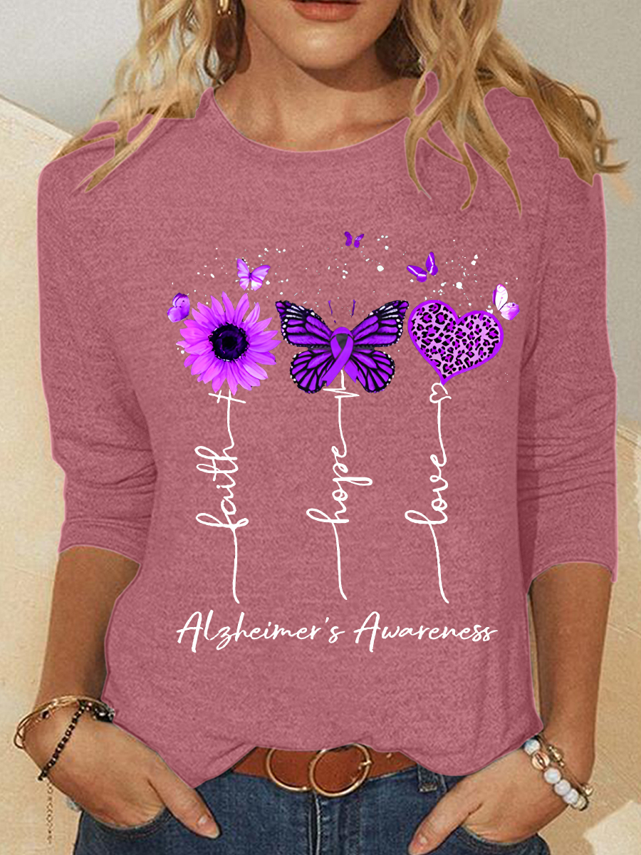 Women's Faith Hope Love Alzheimer's Awareness Print Casual Long Sleeve Shirt