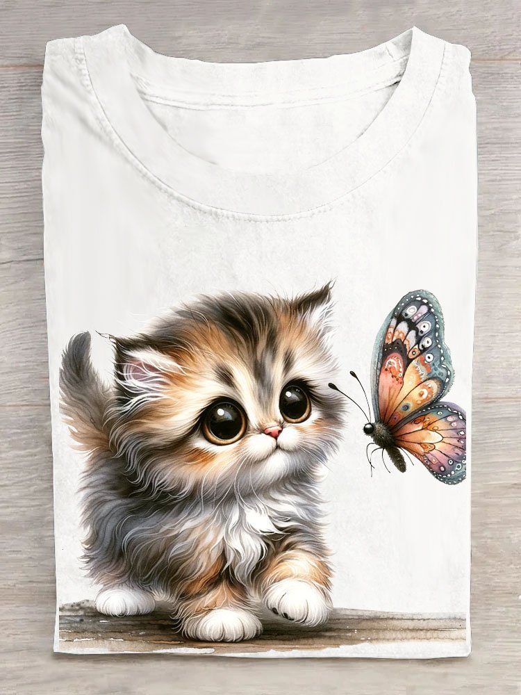 Cat and butterfly print round neck T-shirt