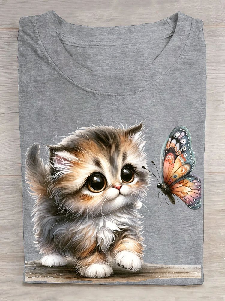 Cat and butterfly print round neck T-shirt