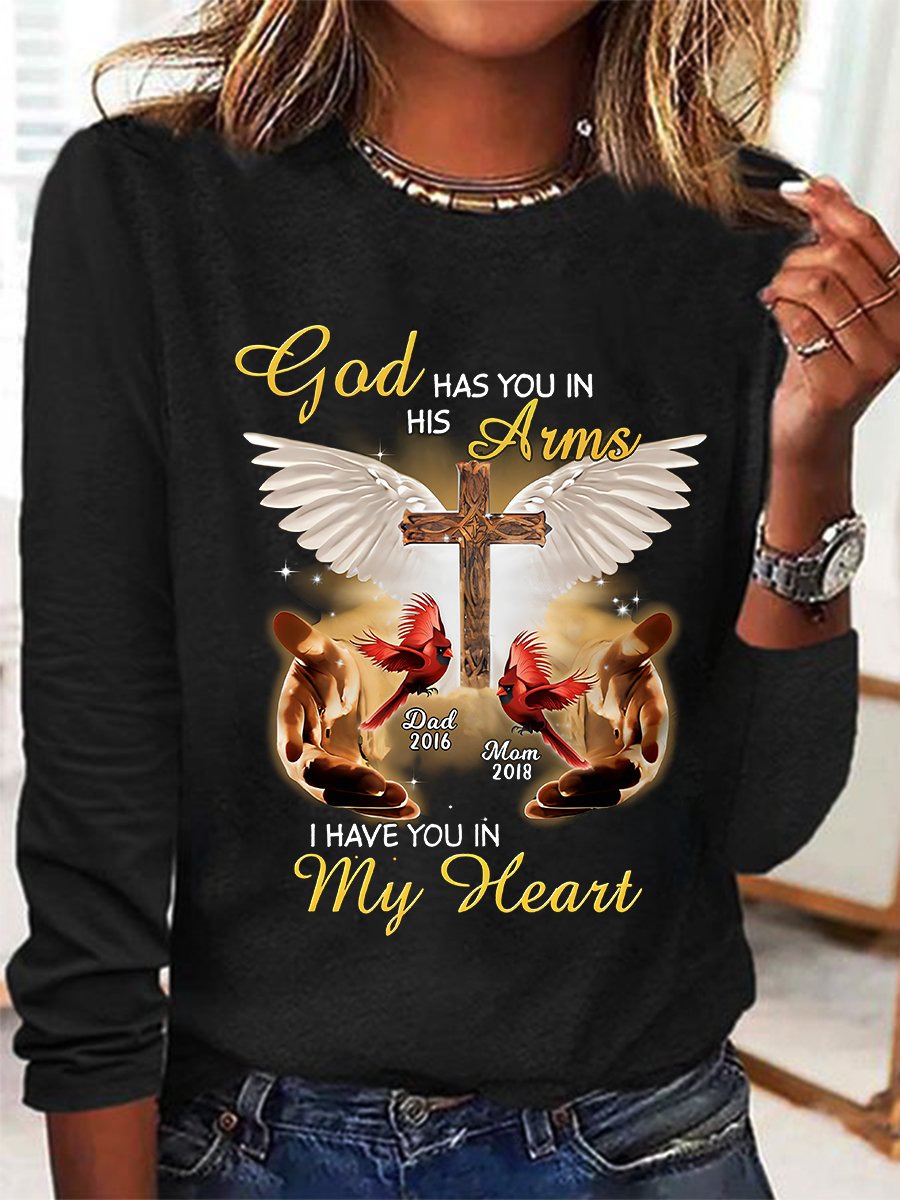 God Has You In His Arms, I Have You In My Heart Custom Cardinal Memorial Casual Long Sleeve Shirt