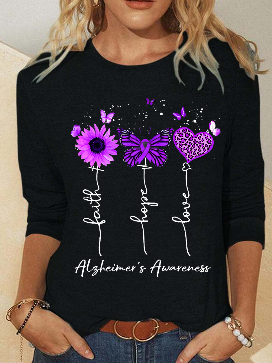 Women's Faith Hope Love Alzheimer's Awareness Print Casual Long Sleeve Shirt