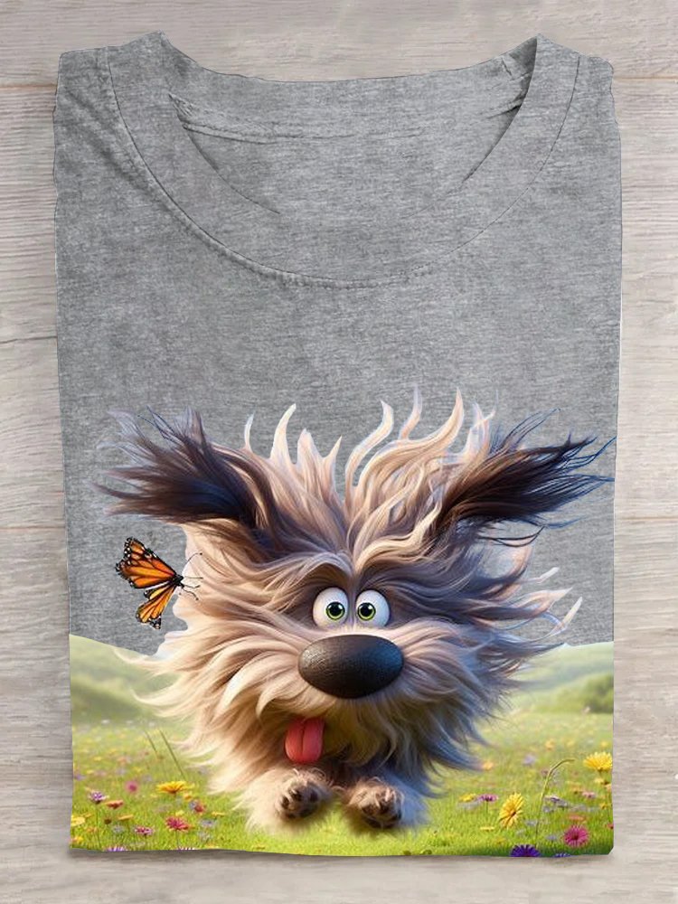 Casual Cotton Dog Loose Crew Neck T-Shirt