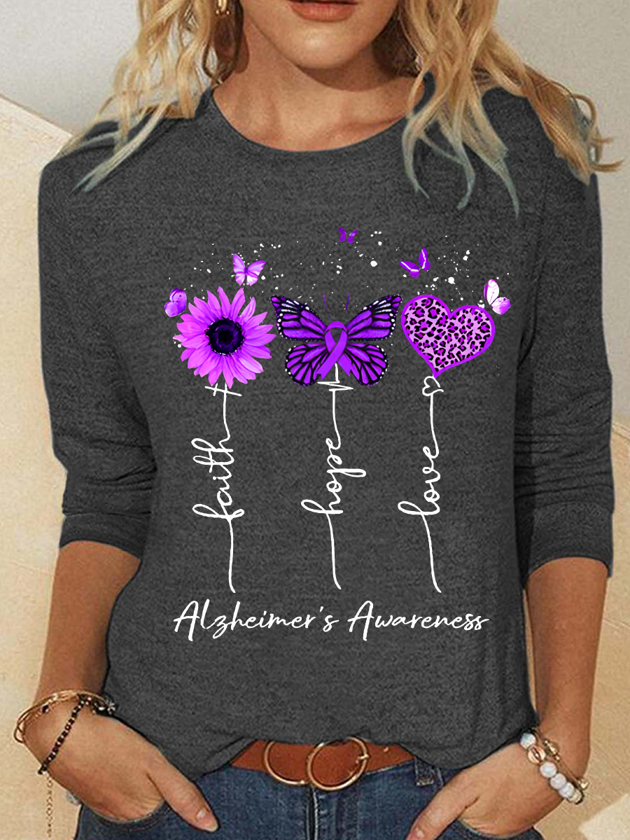 Women's Faith Hope Love Alzheimer's Awareness Print Casual Long Sleeve Shirt