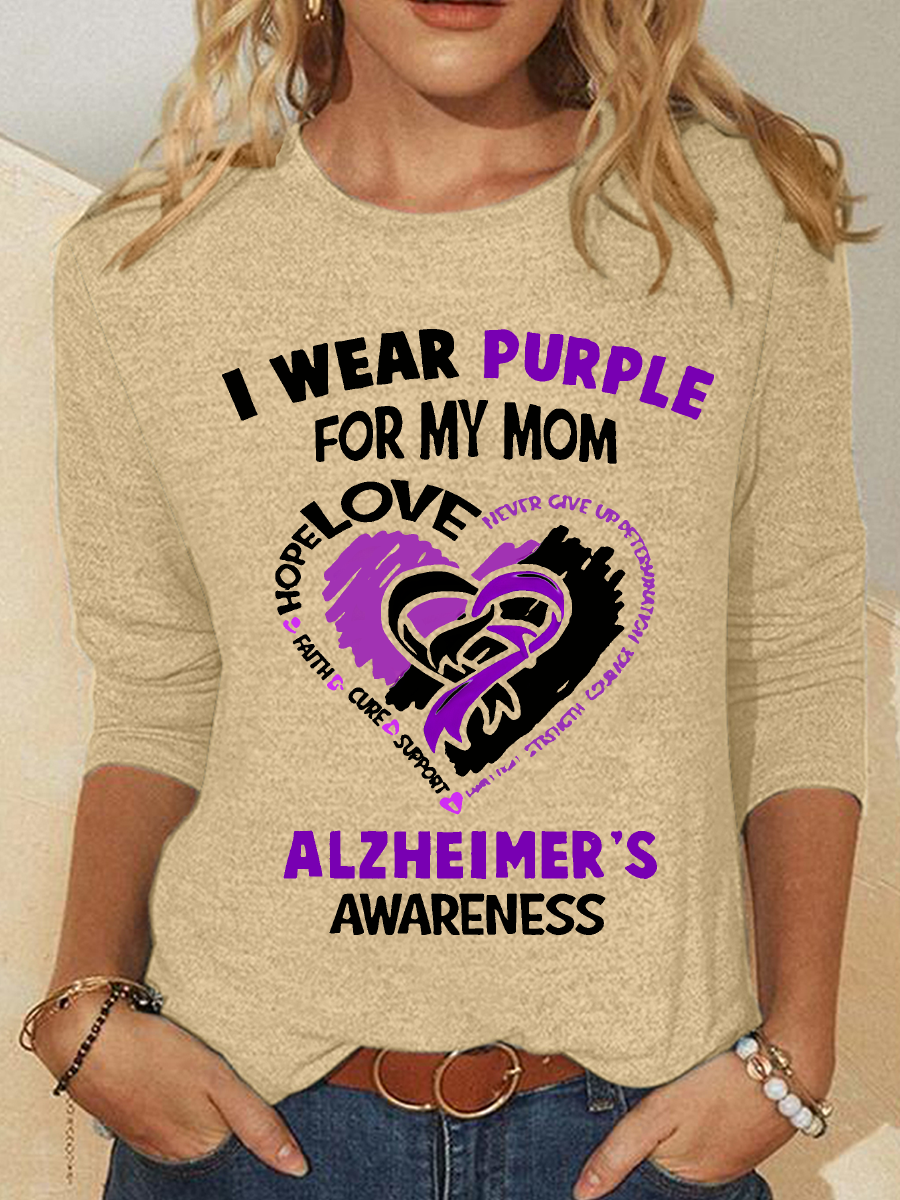 Women's Alzheimer's Awareness I Wear Purple For My Mom - Heart Ribbon Casual Long Sleeve Shirt