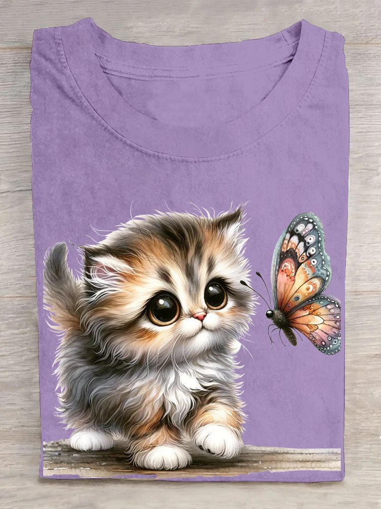 Cat and butterfly print round neck T-shirt