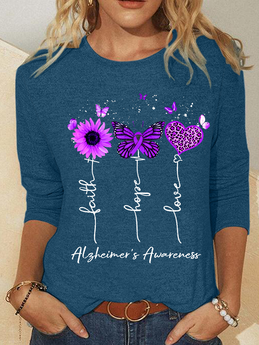 Women's Faith Hope Love Alzheimer's Awareness Print Casual Long Sleeve Shirt