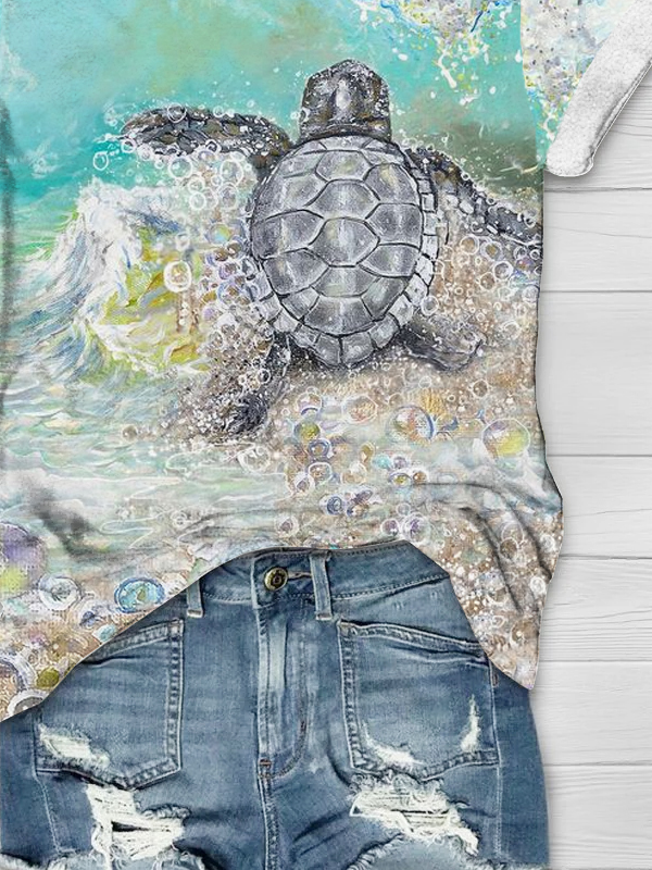 Jersey Crew Neck Casual Turtle T-Shirt