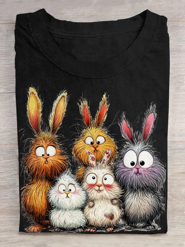 Crew Neck Rabbit Cotton Casual T-Shirt