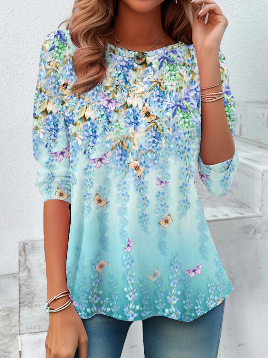 Floral Design Round Neck Casual T-Shirt