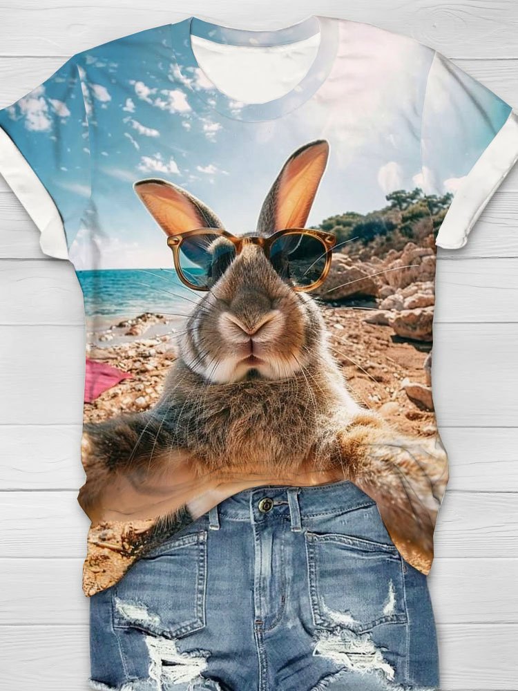 Funny Rabbit Beach Selfie Printed Round Neck T-shirt