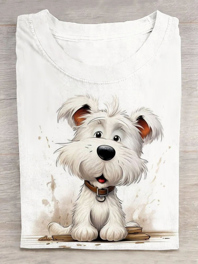 White puppy print round neck T-shirt