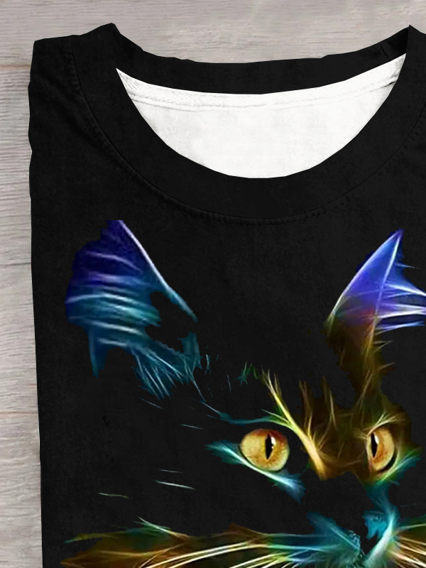 Crew Neck Jersey Casual Cat T-Shirt