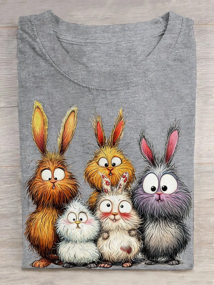 Crew Neck Rabbit Cotton Casual T-Shirt