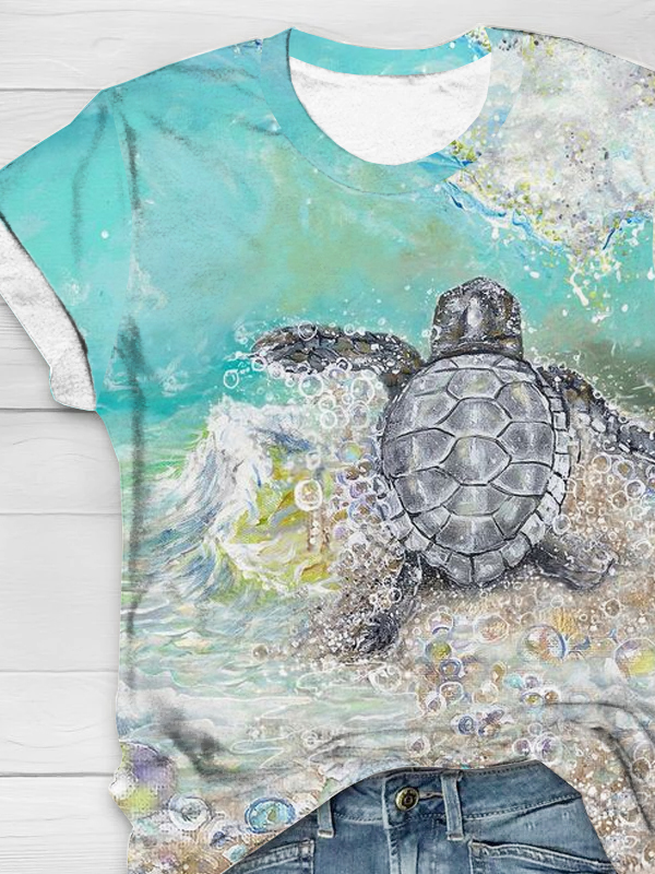 Jersey Crew Neck Casual Turtle T-Shirt