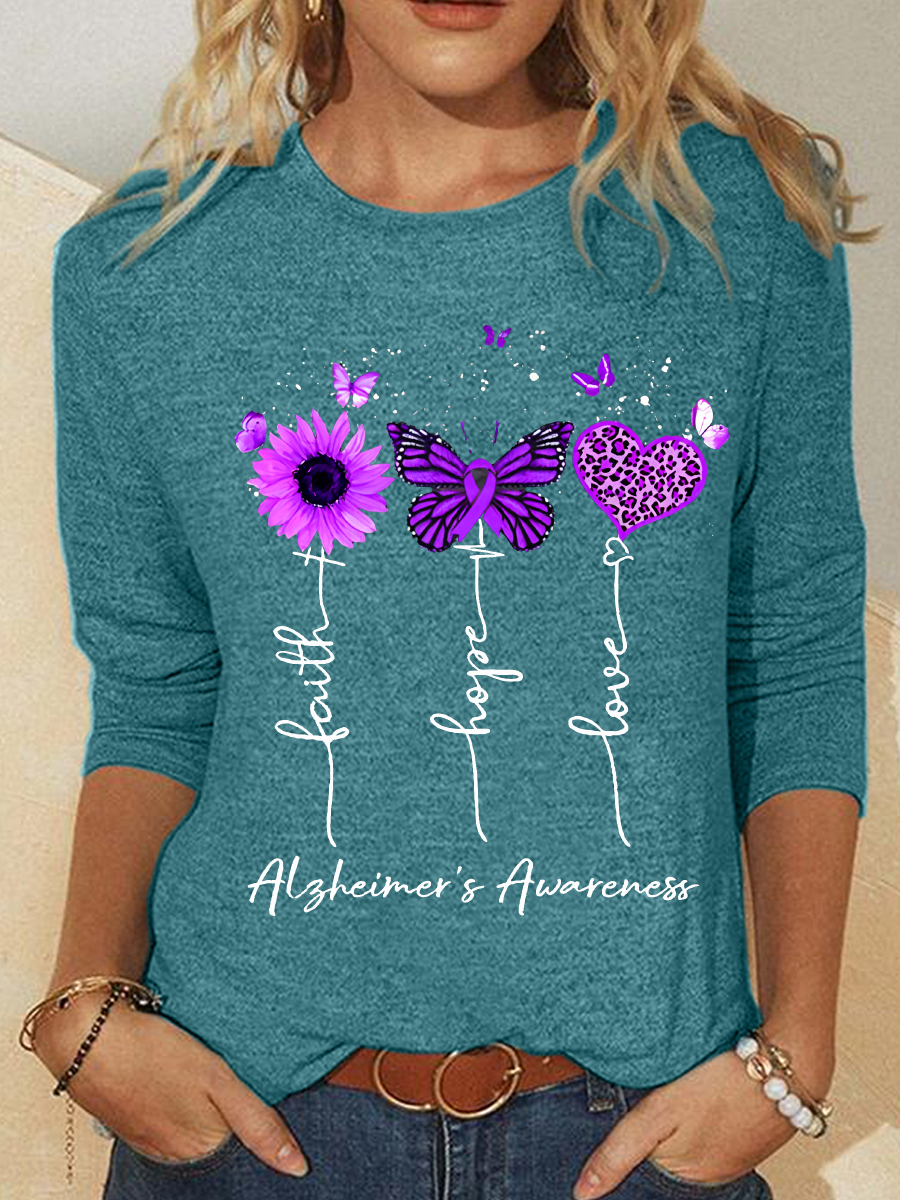 Women's Faith Hope Love Alzheimer's Awareness Print Casual Long Sleeve Shirt