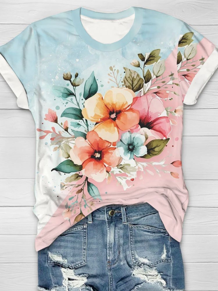 Floral printed round neck T-shirt