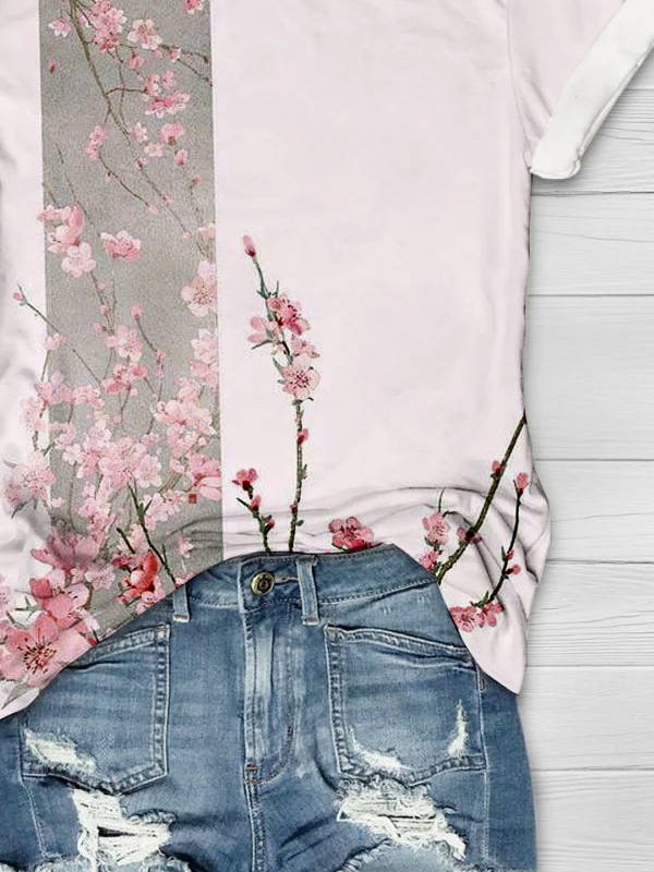 Floral print round neck short sleeved T-shirt