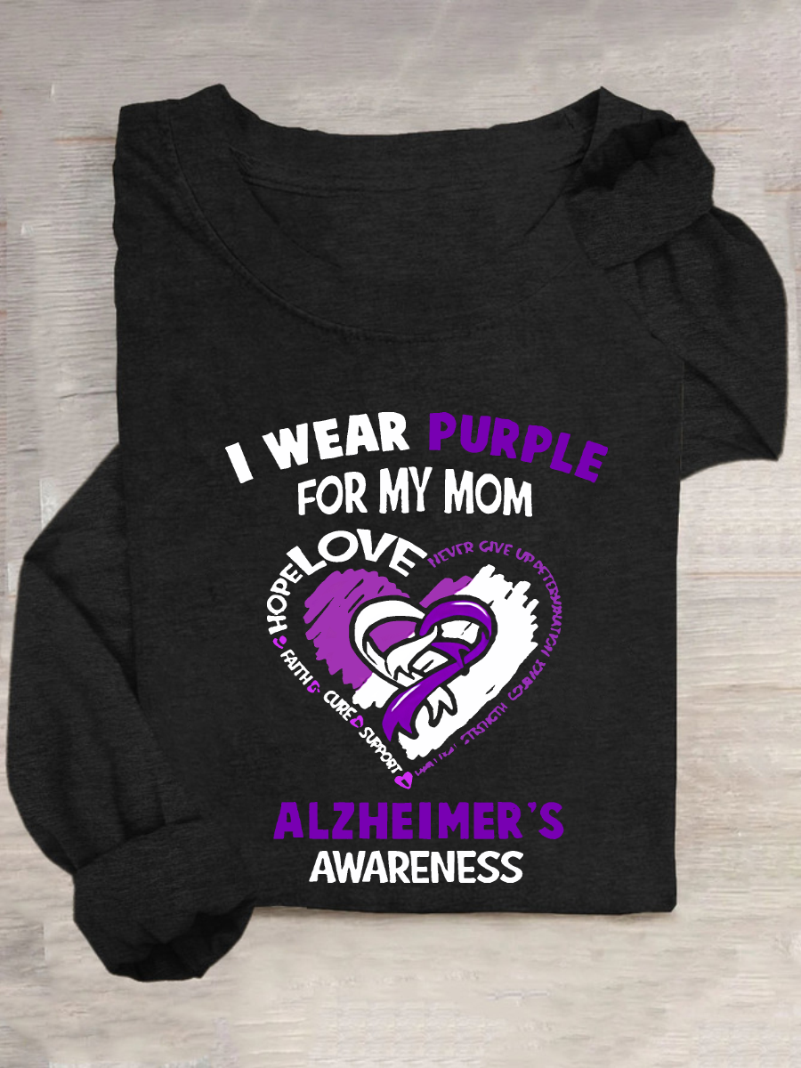 Women's Alzheimer's Awareness I Wear Purple For My Mom - Heart Ribbon Casual Long Sleeve Shirt