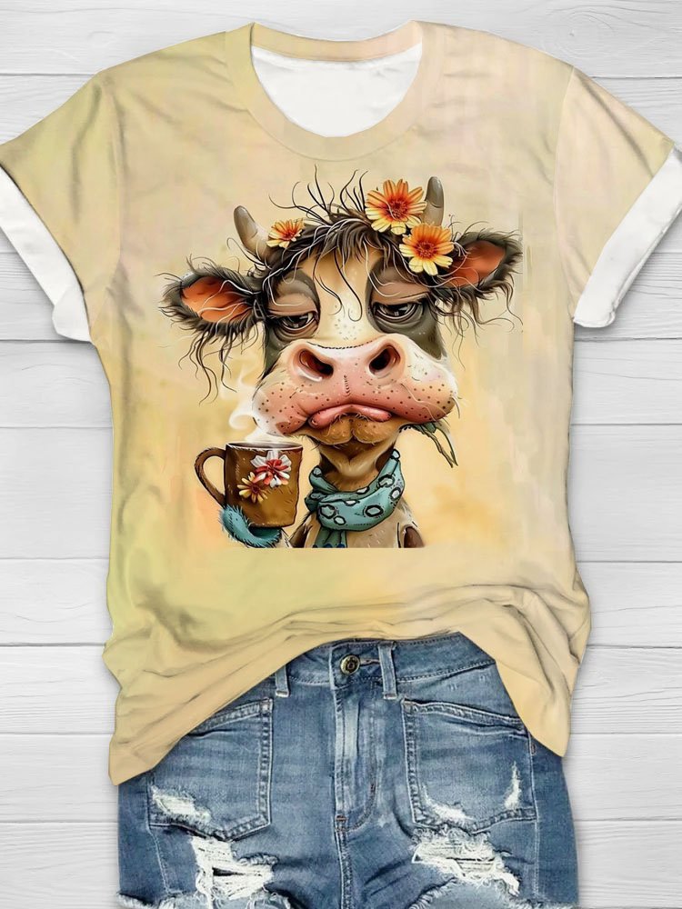 Funny cow print round neck T-shirt