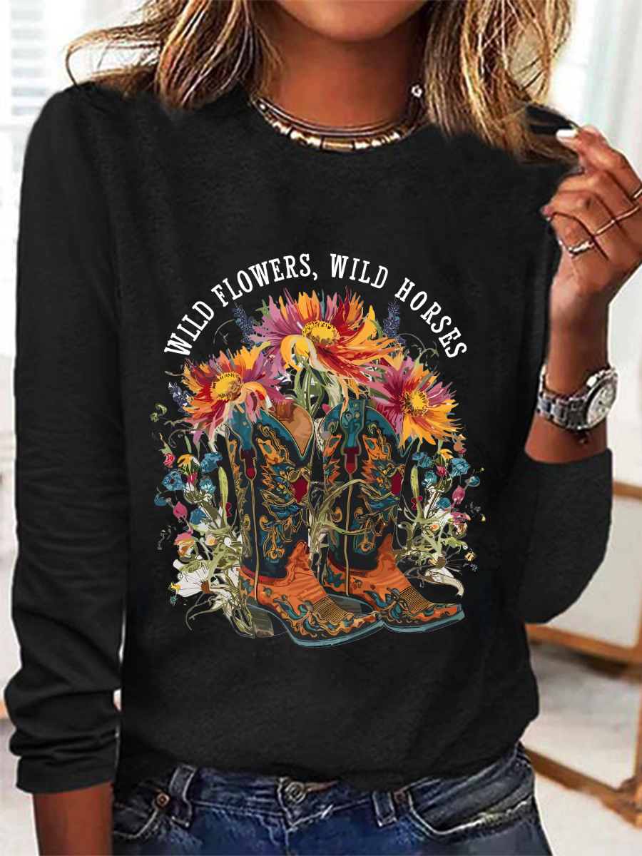 Wild Flowers Wild Horses Casual Long Sleeve Shirt