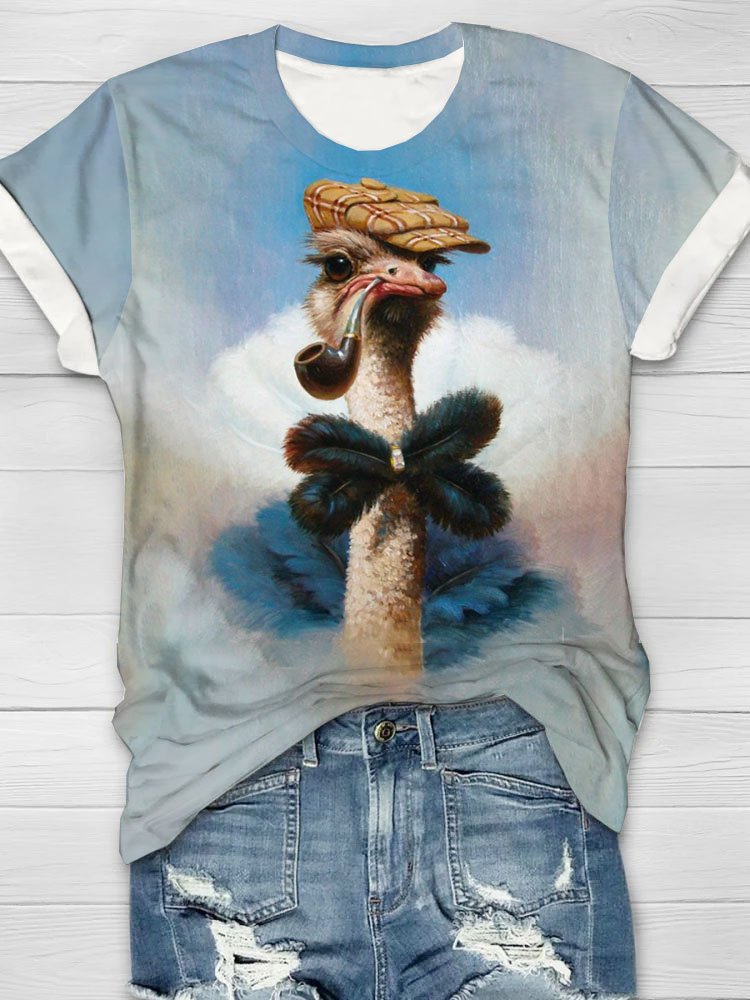 Funny ostrich print round neck casual T-shirt