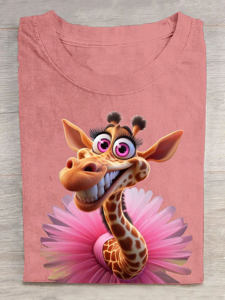 Funny Giraffe Printed Round Neck T-shirt