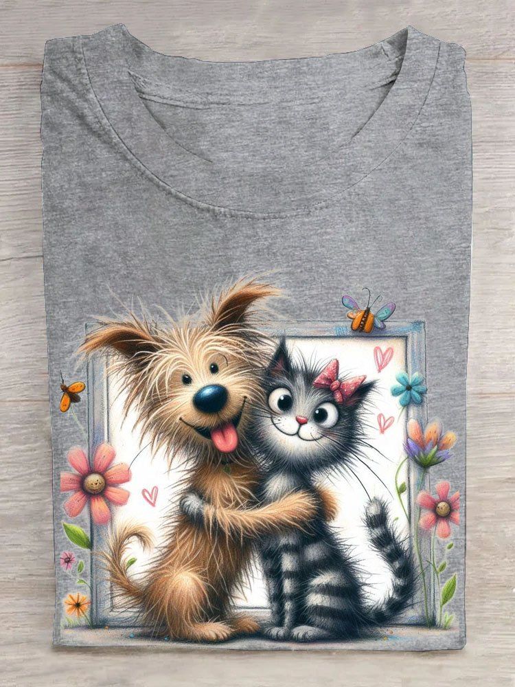 Funny Cat and Dog Printed Round Neck T-shirt