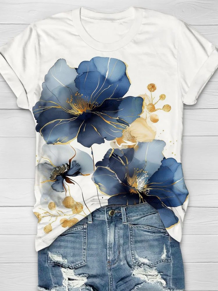 Blue floral print round neck casual T-shirt