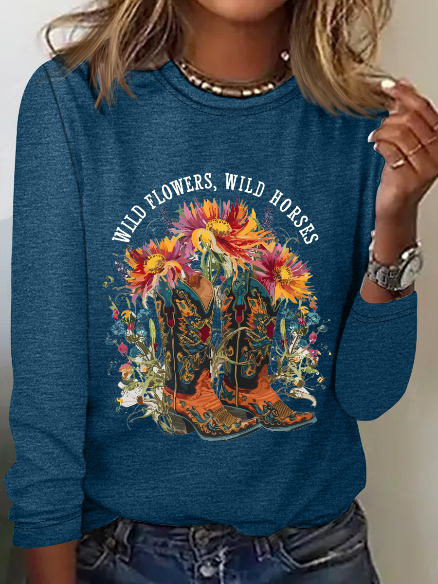 Wild Flowers Wild Horses Casual Long Sleeve Shirt